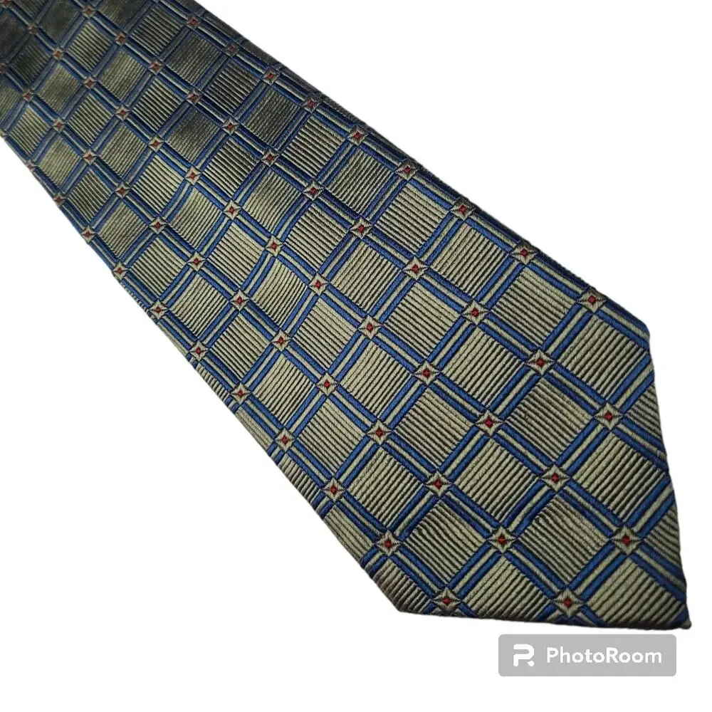 Jos. A. Bank green blue square geometric silk tie - 59